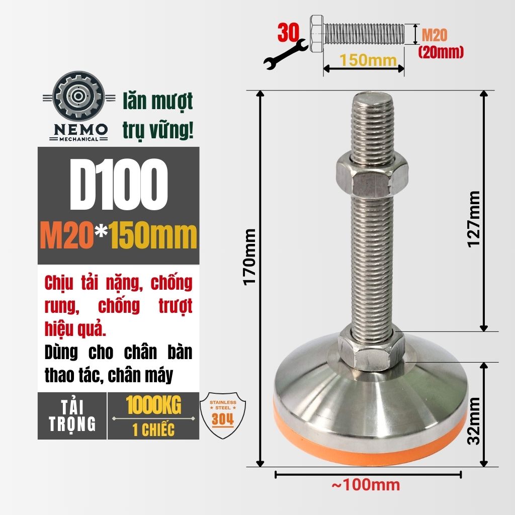 Chân Tăng Chỉnh Inox 304 Ren M20 – Đế Bát Dày 100mm, Chịu Tải Siêu Nặng 1 Tấn/Chiếc